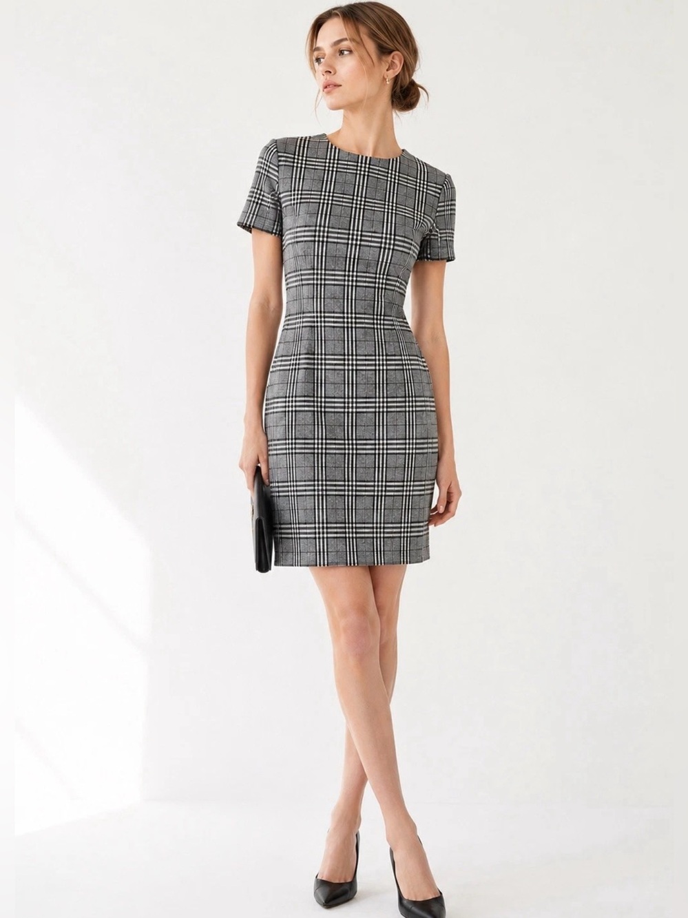 Calvin Klein Black & White Plaid Glen Check Short Sleeve Sheath Dress